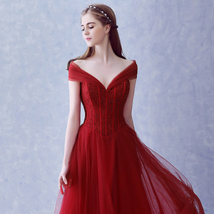 Red Off-Shoulder Long Evening Gown Ball Gown Chiffon Deep V Neckline Natural Waistline For Brides Toasting Dress Performance - Product Image 1