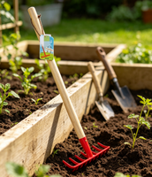 Ensemble d'outils de jardinage pour enfants, 4 pièces, outils de jardinage à long manche avec pelle et râteau à manche en bois pour la plantation en plein air des enfants