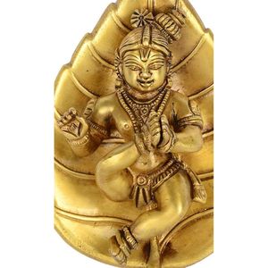 PARIJAT Handmade Brass Baby Krishna on <b>Leaf</b> <b>Wall</b> Hang Idol 15 x 10 x 6 cm Golden for Living Room or Restaurant <b>Decoration</b> - Product Image 1