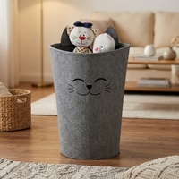 Panier de rangement cylindrique en feutre gris foncé avec broderie oreilles de chat mignonnes, grande capacité, pour linge de maison et organisateur pour enfants