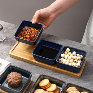 Juego de platos de cerámica con bandeja de madera, plato cuadrado para servir bocadillos, condimentos, frutas secas, para uso doméstico. - Product Image 2