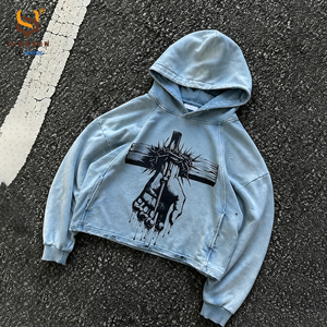 Sweat à capuche court en coton épais personnalisé, délavage vintage, imprimé graphique tendance, détail ourlet brut, streetwear premium - Product Image 1