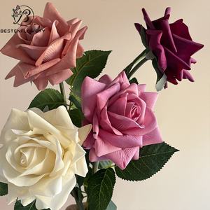 उच्च गुणवत्ता वाले कृत्रिम एकल वास्तविक स्पर्श लेटेक्स गुलाब हस्तनिर्मित सफेद बैंगनी गुलाब - Product Image 1