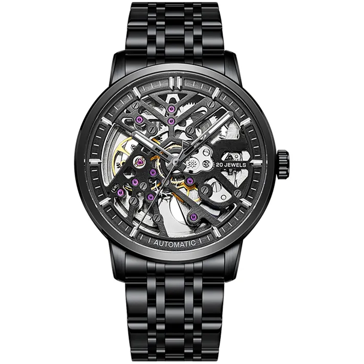 OEM Luxury Black Stainless Steel 316L Design Your Own Watch Tourbillon Skeleton Watch For Man