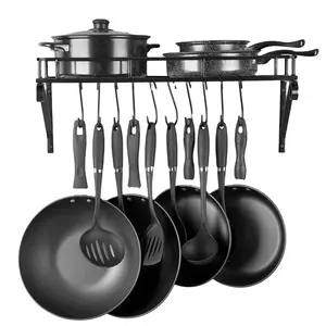 Kitchen Wall Mounted Pot Rack Pan Lid Shelf Cookware Storage With 10 Hooks