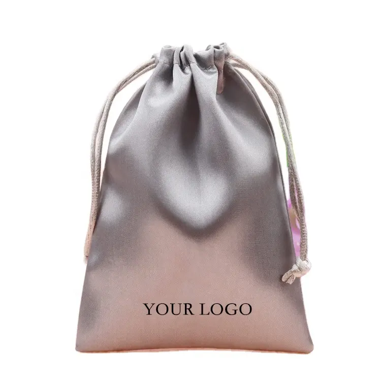 Saten çanta takı ambalaj beyaz büzgülü torba baskı logosu kozmetik parti boncuklu lüks poşet özel yeniden kullanılabilir ipek