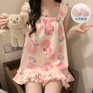 夏季新款吊带背心短裤带胸垫女式睡衣甜美可爱女孩两件套家居套装外装 - Product Image 4