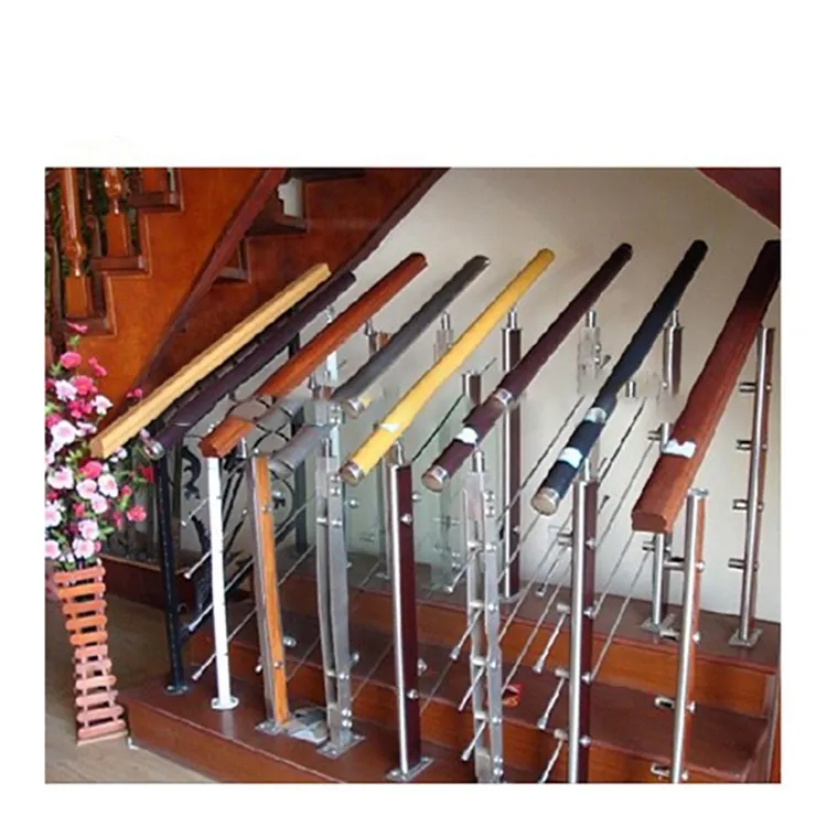 304 inox steel glass railing wood stair for balcony