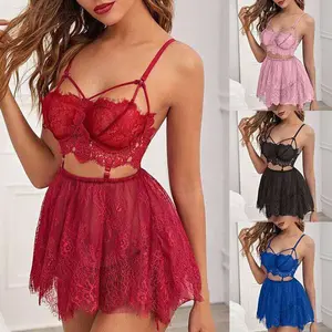 Payı Backless kadınlar pijama gece elbisesi ile tanga setleri v yaka dantel seksi genç kız şerit tasarım spagetti kayışı