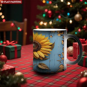 Taza de Cerámica Negra Esmerilada de 11 oz, Taza Termosensible con Diseño de Girasol, Pintura Plana 2D - Product Image 2