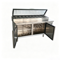 Congélateur industriel sous-comptoir double en acier inoxydable avec plan de travail pour préparation de salades et pizzas, déflecteur en verre, sans givre et refroidissement par air