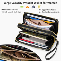 Dompet Wanita Kulit PU Anti RFID, Panjang, Kapasitas Besar, Resleting Ganda, Tempat Kartu, Clutch, Tali Pergelangan Tangan, Modis
