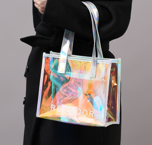 Sac fourre-tout réutilisable avec logo personnalisé de haute qualité avec longue poignée en PU holographique arc-en-ciel clair PVC Laser Design - Product Image 3
