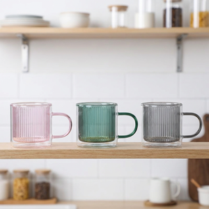 <span class=keywords><strong>Taza</strong></span> de Café de Vidrio Borosilicato de Doble Pared de 240 ml con Asa - Resistente al Calor, Diseño de Rayas Verticales de Colores para el Hogar y la Oficina - Product Image 3