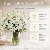 Karangan Bunga Campuran White Lily Baby Breath dengan Daun Rumput untuk Dekorasi Pernikahan, Bunga Artificial untuk Vas Rumah dan Rangkaian Meja