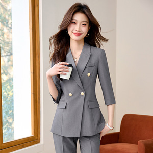 Women's Grey Suit <b>Set</b> Three Quarter Sleeve Notched Collar Anti-Wrinkle <b>Office</b> Lady Autumn Wear - Product Image 3
