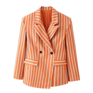 Blazer a Rayas con Flecos, Corte Entallado, para <span class=keywords><strong>Mujer</strong></span>, Elegante, con Cuello <span class=keywords><strong>de</strong></span> Solapa, <span class=keywords><strong>Chaqueta</strong></span> <span class=keywords><strong>de</strong></span> Oficina, OEM/ODM por Fábrica <span class=keywords><strong>de</strong></span> Ropa China, Formal - Product Image 1