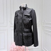 Veste en cuir véritable pour femme en peau de mouton, style artisanal robuste, col montant, poches multiples asymétriques, taille élastique, vêtement d'extérieur