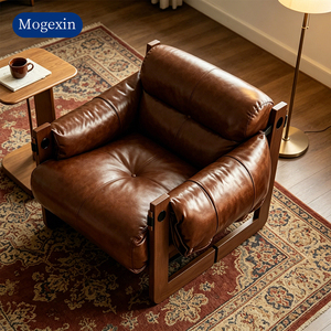 เก้าอี้หนังสไตล์วินเทจกลางศตวรรษที่ทันสมัย โครงไม้เนื้อแข็ง หนังสีน้ำตาลย้อนยุค เก้าอี้โซฟาเดี่ยวสำหรับห้องนั่งเล่น - Product Image 2