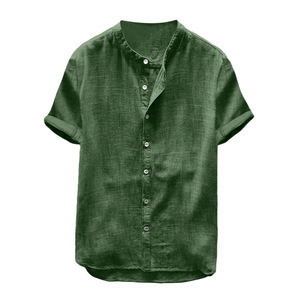 Venta al por mayor de <span class=keywords><strong>manga</strong></span> <span class=keywords><strong>corta</strong></span> de los hombres <span class=keywords><strong>Casual</strong></span> Camisa de lino y algodón soporte Anti-Shrink Plain Dyed verano transpirable ropa OEM servicio - Product Image 3
