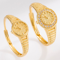 Bague montre vintage plaquée or style punk ajustable avec zircones cubiques pour femmes et hommes, cadeau personnalisé pour couple