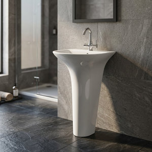 Lavabo sur pied en céramique moderne avec égouttoir, facile à nettoyer, finition brillante pour salle de bain - Product Image 5