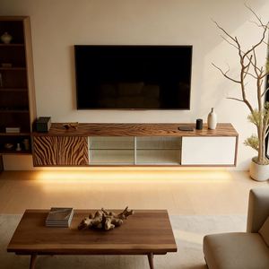 Meuble TV bas minimaliste Balom, console multimédia en bois, design simple et long, adapté à la chambre à coucher et au salon - Product Image 5