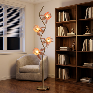 Lampadaire Lotus à 4 têtes, avec tige dorée en S et pétales en acrylique, vente en gros d'usine, personnalisable pour hôtels, villas et salons - Product Image 1