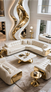 Sofá Seccional de esquina Sofá <span class=keywords><strong>en</strong></span> forma de 7 Sofá <span class=keywords><strong>en</strong></span> forma de <span class=keywords><strong>L</strong></span> blanco y dorado conjunto de sofás blanco con dorado - Product Image 4