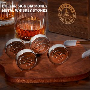 Verres à whisky en cristal de qualité supérieure, 4 glaçons en acier inoxydable en forme de dollar, accessoire de boisson pour cadeau de Noël ou d'anniversaire - Product Image 2