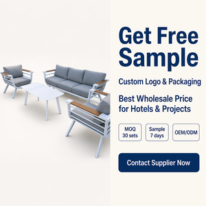 Ensemble <span class=keywords><strong>de</strong></span> canapé d'extérieur KD en <span class=keywords><strong>aluminium</strong></span>, 3 places + 2 chaises individuelles + table basse, coussin épais <span class=keywords><strong>de</strong></span> 11 cm, aspect teck, accoudoirs en plastique imitation bois - Product Image 6