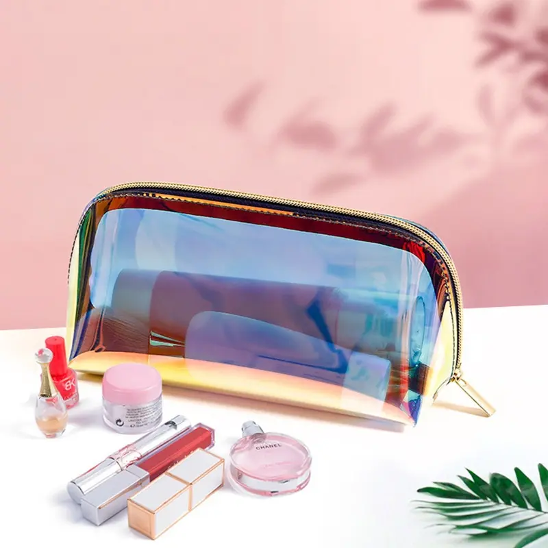 Travel Clear Cosmetic Bag Portable Skinny Glitter Holographic Iridescent Makeup Bag Transparent Cosmetic Travel Bag for Women