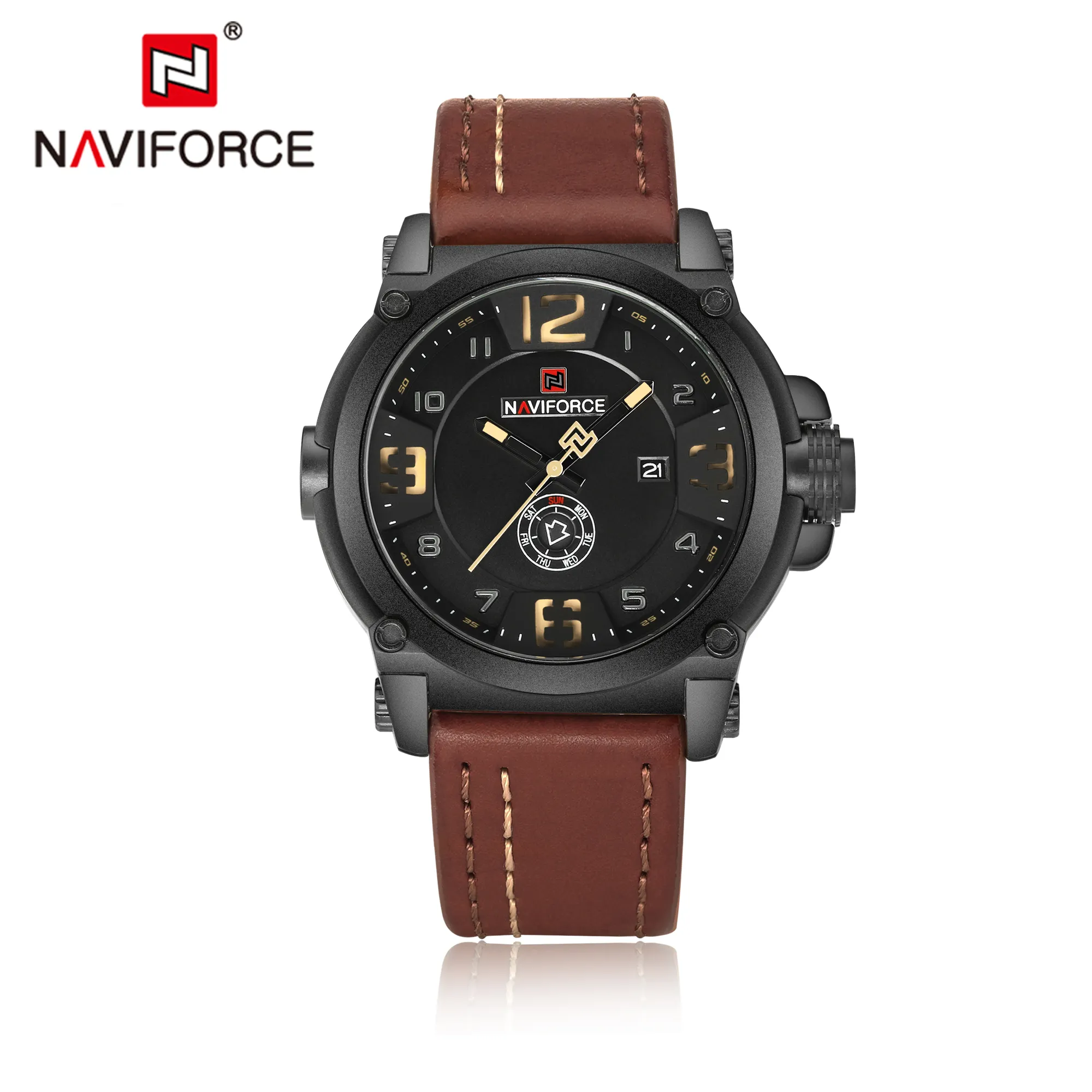 Naviforce relógio masculino, relógio de quartzo de luxo esportivo de couro clássico à prova d'água com calendário