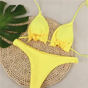 Baju Renang Gadis Gemuk Kuning Mikro Wanita Biquini Seksi Bertali Pinggang Rendah Bikini Mini Pakaian Renang Thong