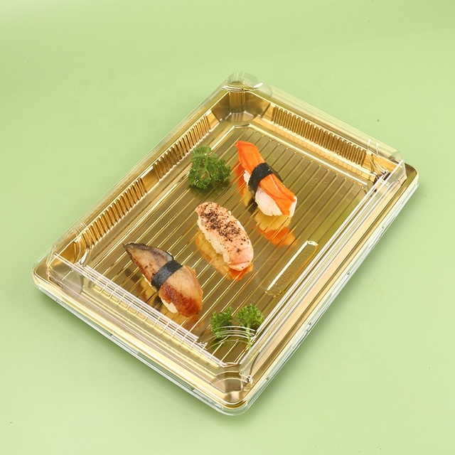 CH004 Disposable Golden Box Eco-friendly Sushi Box with Lid Serving Tray Type Plastic Rectangle Tray for Sushi