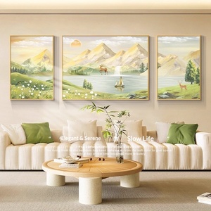Quadro Decorativo per Soggiorno, Stile Crema, per Sfondo Divano, Dipinto a Spruzzo su Tela con Paesaggio - Product Image 1