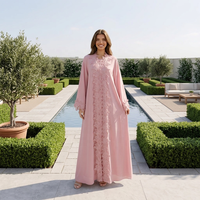 Abaya islamique modeste pour femmes en polyester respirant avec motif floral et cachemire, manches longues, longueur cheville