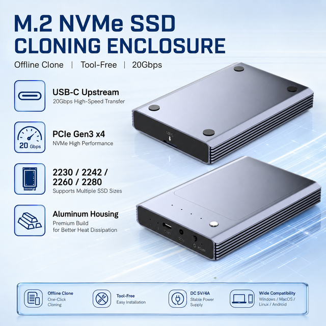 2 Bay M.2 NVMe SSD Enclosure 20Gbps USB C Hard Drive Docking Station Aluminum Offline Clone Duplicator Tool-Free