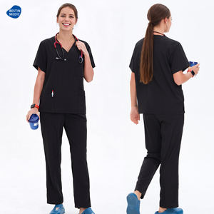 Uniforme Quirúrgico Negro, Conjunto de Uniforme Médico Elástico en Cuatro Direcciones, Manga Corta, Uniformes para Veterinarios, Clínica Veterinaria, Blusa Médica - Product Image 3