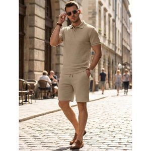 FOXA Mens Textured Polo Shirt And Drawstring Shorts <b>Set</b> Summer Breathable <b>Knitted</b> Outfit For Golf And Casual Wear - Product Image 2