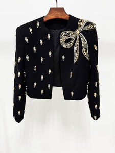 A11500 Blazer court élégant et luxueux orné de perles, ensemble robe en tricot pour femme, tenue de soirée formelle, avec strass - Product Image 4