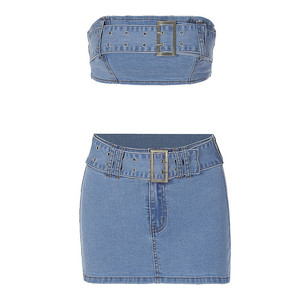 Haute qualité été femmes co-ords mode Sexy Denim sans bretelles mince <span class=keywords><strong>Micro</strong></span> Mini Denim jupes costume deux pièces ensembles - Product Image 5