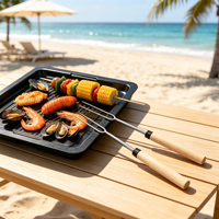 Fourchette de barbecue télescopique portable pour l'extérieur, manche en bois, large, en acier inoxydable, kit d'accessoires pour barbecue, étanche, anti-poussière