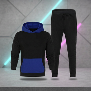 Survêtement unisexe noir et bleu à capuche, sweat-shirt décontracté avec pantalon à cordon de serrage, couleur unie, manches longues, vêtements d'automne - Product Image 1