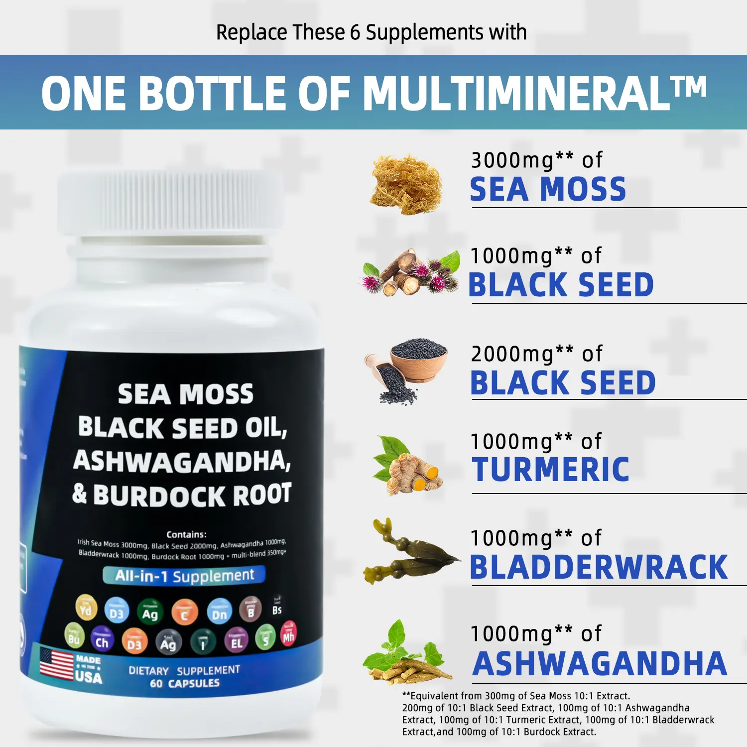 Extrait de mousse de mer complément à base de plantes ashwagandha huile de graine noire racine de bardane capsules de mousse de mer végétaliennes biologiques personnalisées