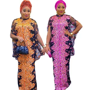 African Dresses For Women Vintage 2022 New Dashiki Boubou Bazin Riche Party Dress Gauze Maxi Long Robe Come With Inner 2pcs Sets