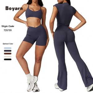 Boyarn vêtements de sport pour femmes 4 pièces ensemble de sport séchage rapide Yoga entraînement Gym Fitness taille élastique manches courtes respirant - Product Image 1