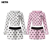 Ensemble de mini-jupe de yoga zippée pour femmes avec trous pour les pouces, motif à pois, vêtements de sport, tenue de détente en deux pièces, OEM ODM, logo personnalisé