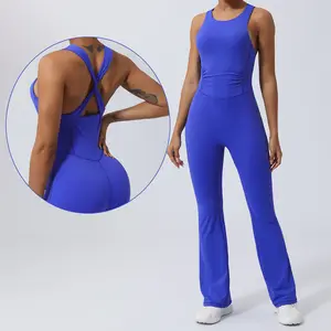 EU/US Women's Back Cross Straps Scrunch Waist Dancing Flared Bodysuits S-XL Quick Dry Bell-bottom Yoga Jumpsuit