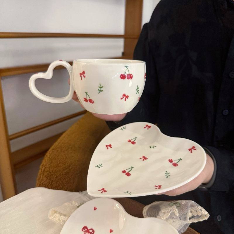 Blanc-Cherry Bow poignée tasse 280ml plat coeur